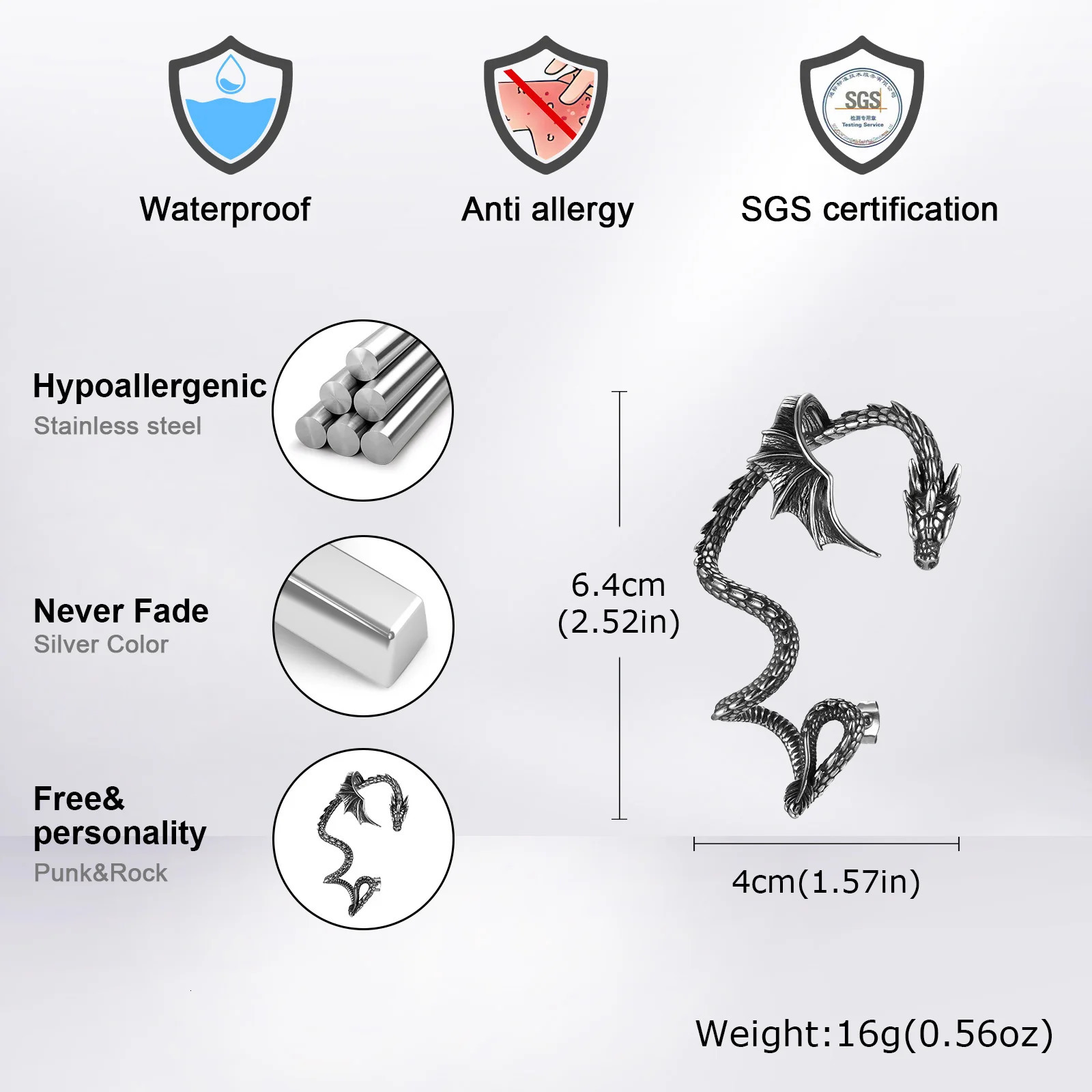 Vnox Punk Mens Wing Wrap Earrings Vintage Stainless Steel Feather Earring ClipsGothic Animal Snake Dragon Valkyrie Ear Cuff 251219