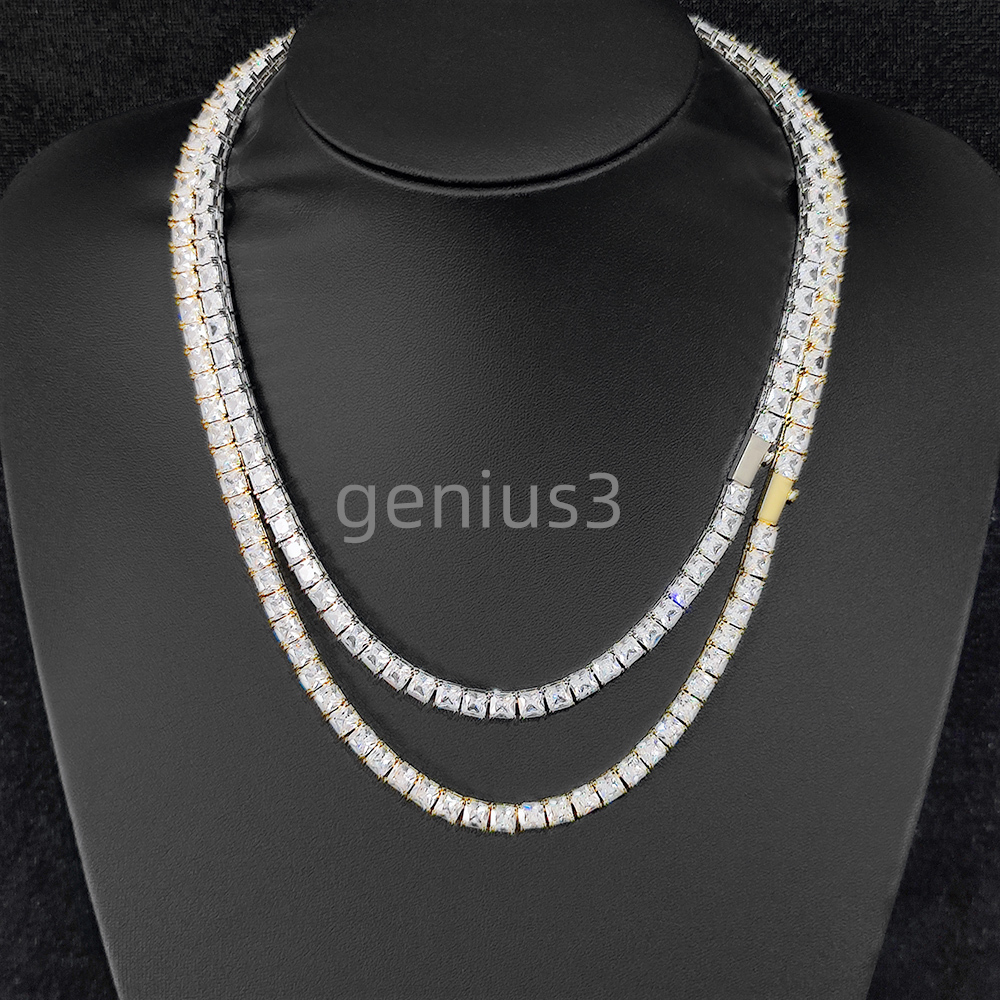 Fine Jewelry Hip Hop Style Womens 5mm 18K Gold Plated Brass Shiny Square moissanite Tennis Chain Necklace Gifts