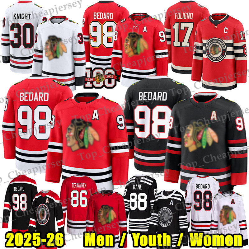 #98 ConnorS Bedard chicago hockey jersey blackhawksS jersey #91 Frank Nazar Artyom Levshunov Alex Vlasic Nick Foligno Rinzel Spencer Knight Jason Dickinson jerseys