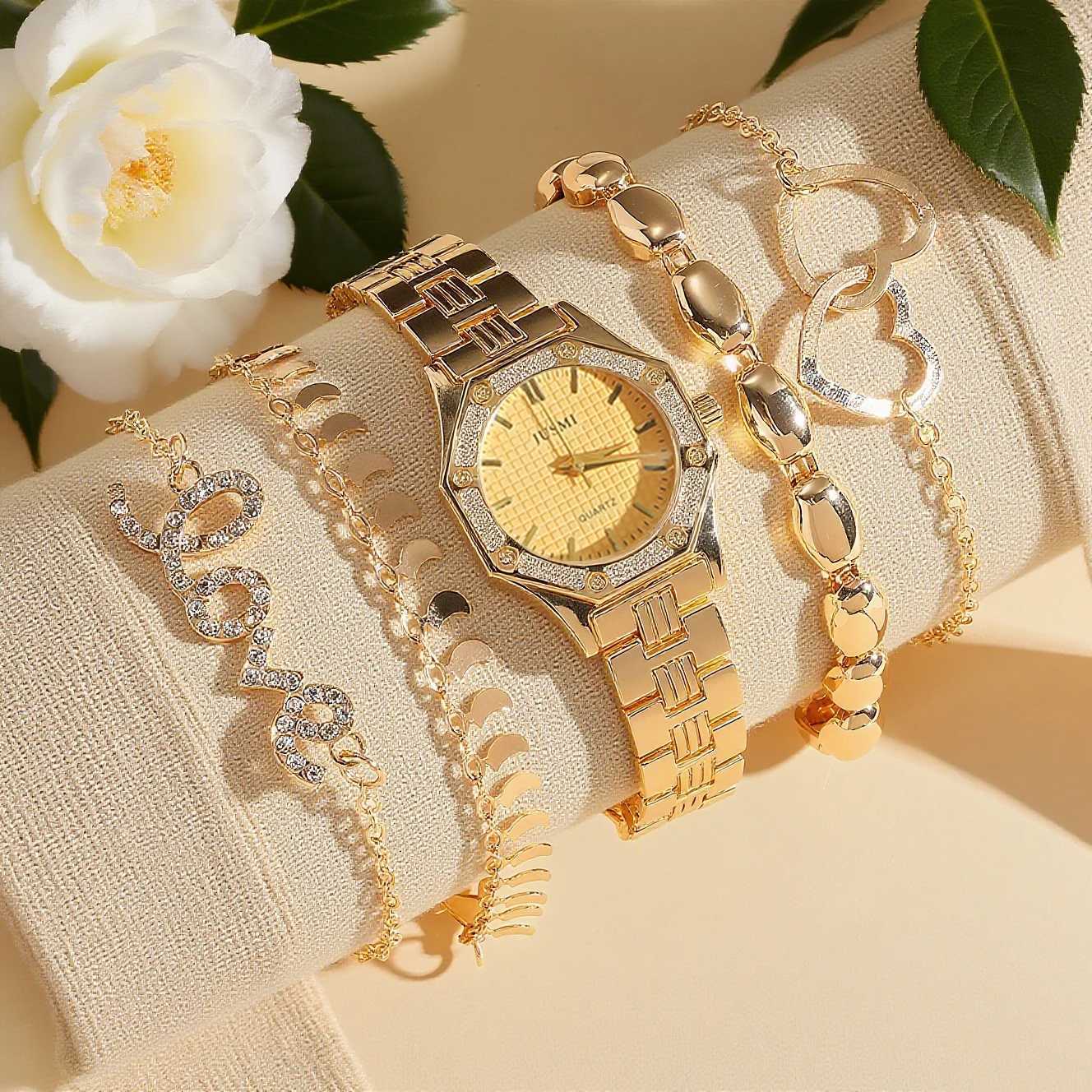 Fashionable diamond-encrusted Octagon case steel str wens quartz set of 5 suitable for holiday gifts M251222