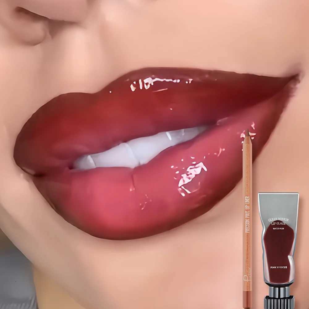 2pcs set of moisturizing and moisturizing lip gloss and durable waterproof lipliner set - high color lipstick glossy textureT251222