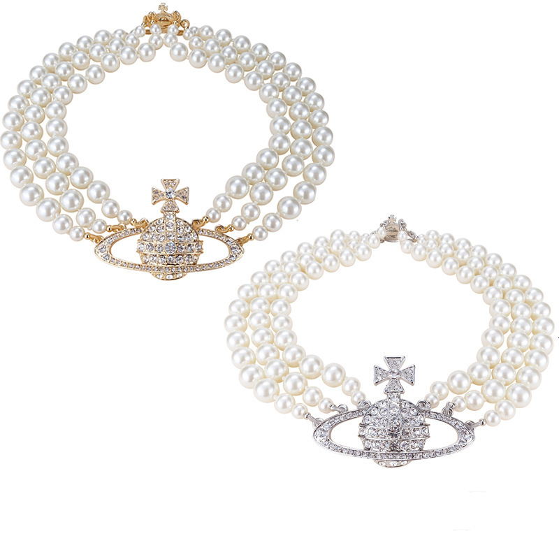 Luxury Brand Designer Jewelry Inlaid Diamond Saturn Pearl Three-Layer Necklace Baroque Style Vintage Choker Niche Design Fashion Jewelry For Women