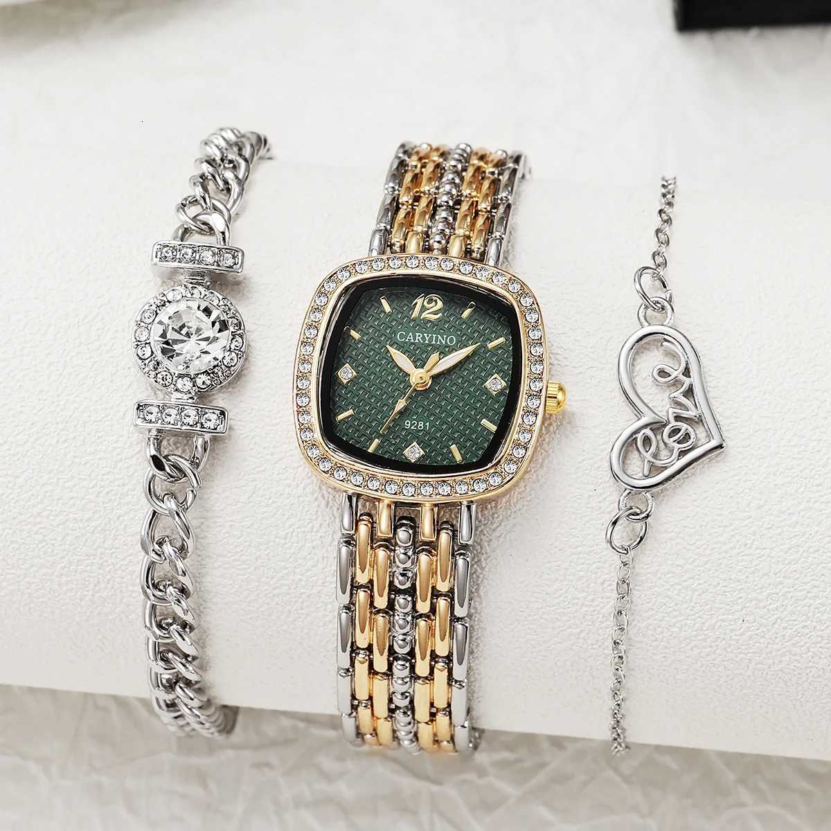 French Elegant Square Diamond-Embedded Quartz Set for Wen with Retro Green Dial a High-End Gift M251222