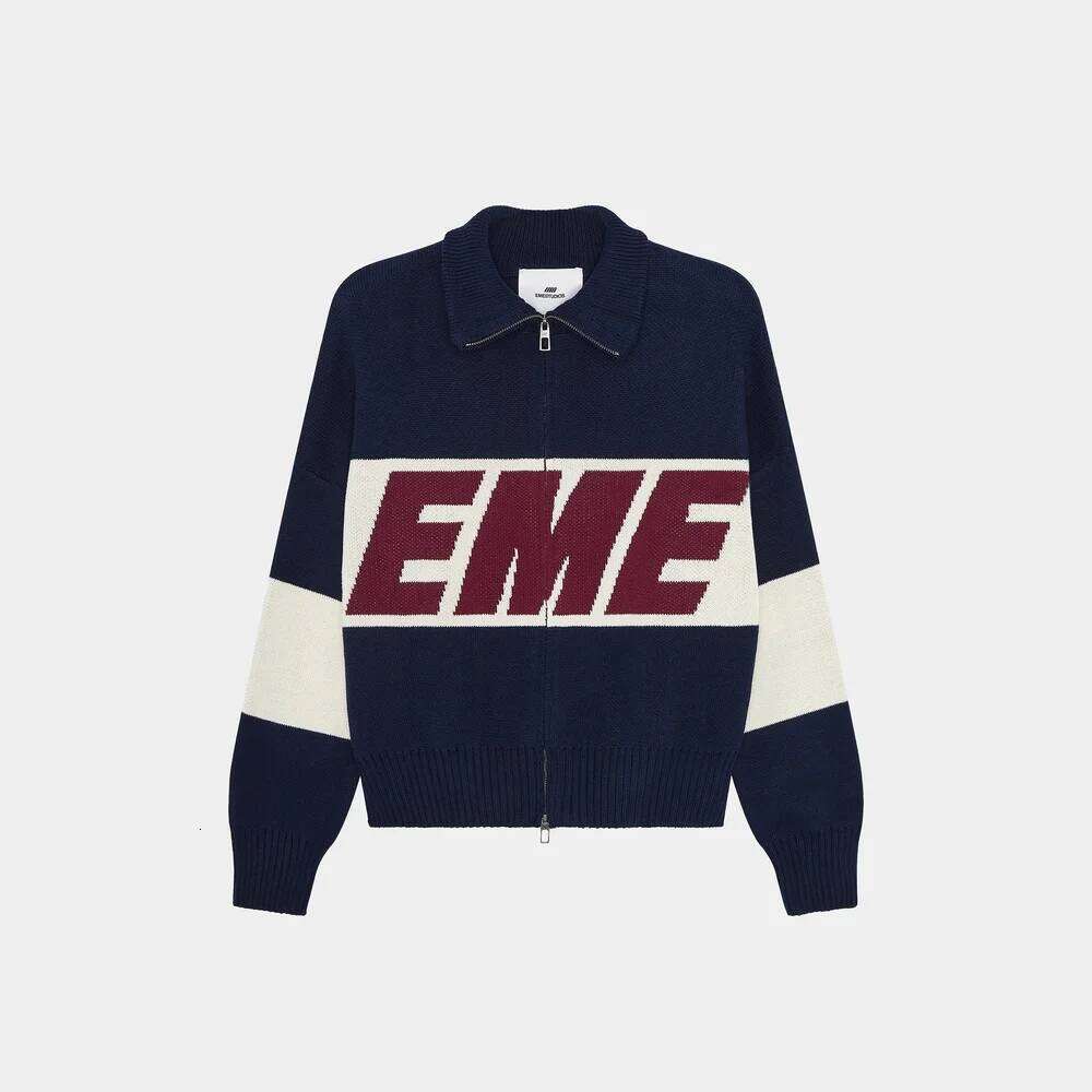 Eme Retro Original Style Color Contrast Letter Knitted Cardigan Y2k American Casual Zipper Sweater For Men And Women