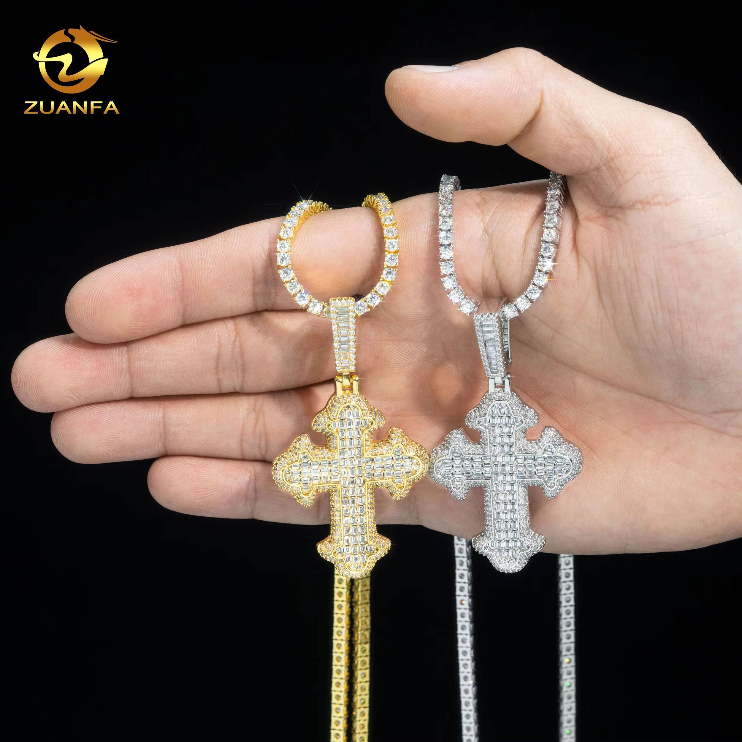 New Arrivals 925 Sterling Silver High Quality Iced Out baguette Hip Hop Lab Diamond Cross Moissanite Pendant