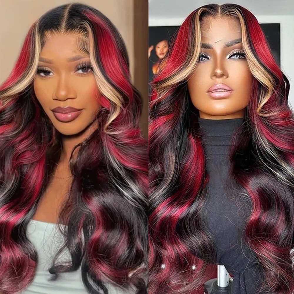 Black Blonde Red Highlight 13x6 Lace Frontal Wig Human Hair 200 Density Body Wave Wigs Ombre Colored 13x4 Hd Transparent Lace Front Wig For Women