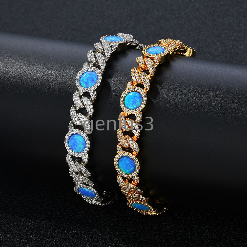 New Style 8mm 18K Gold Plated Cuban Chain Bracelet Round Blue Opal Customized Size Cuban Chain Hip Hop Jewelry for Women