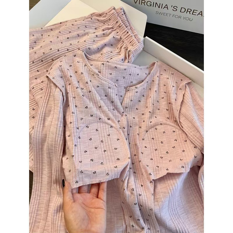 Sweet Girl Small Floral Cotton Gauze Pink Pajamas for Women Autumn New Casual Home Wear with Chest Pads Two-Piece Set Trendy 231113