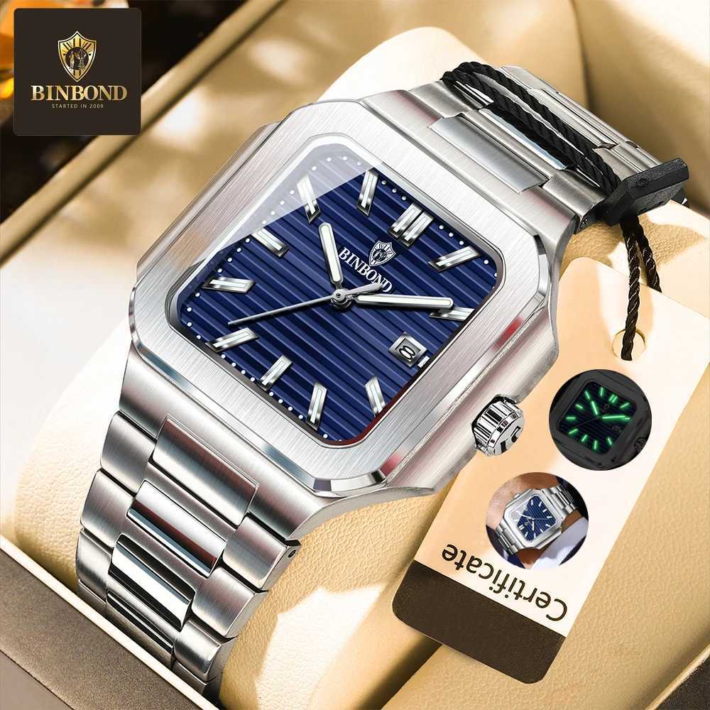 BINBOND Fashion Luxury Man Wrist Waterproof Luminous Stainl Steel Mens Quartz Square Sport es for Men Reloj M251222
