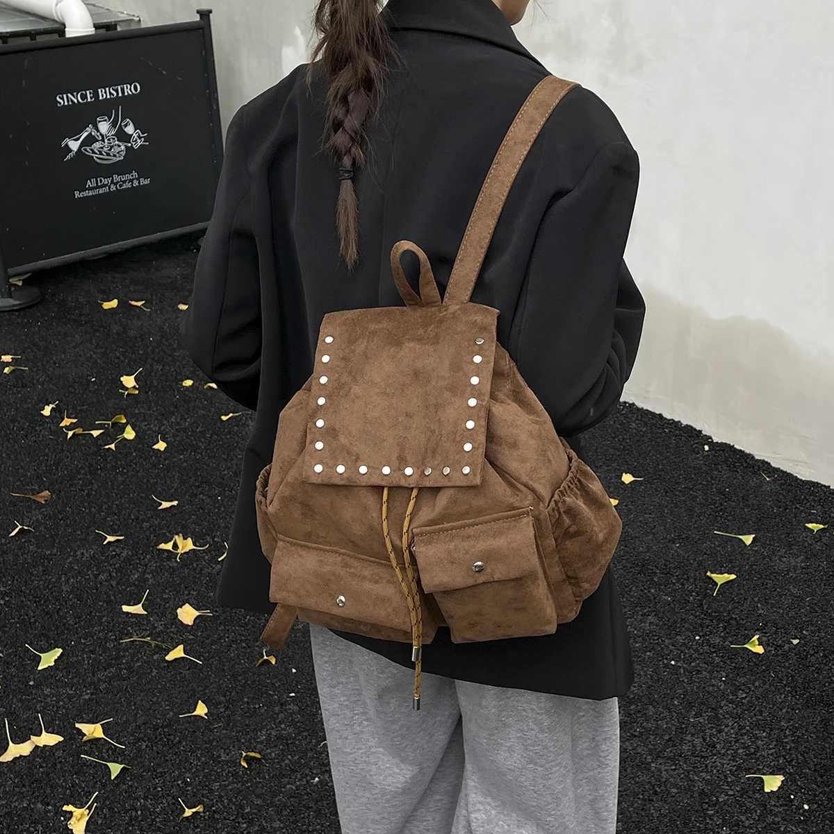 iche Suede Korean-Style Drawstring Backpack Lightweight Double-Pocket Simple Suede Womens Backpack Hiking Bag for Trekking Shopping Outings and WorkM2