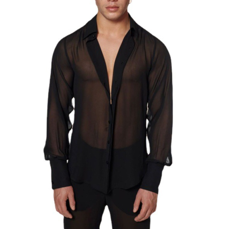 Stage Wear Men's Sexy Ultrathin Mesh Sheer T-Shirt, Sexy V-neck Long Sleeve Lapel Single-breasted Party Layering Top, Hollow-out See-through Ling