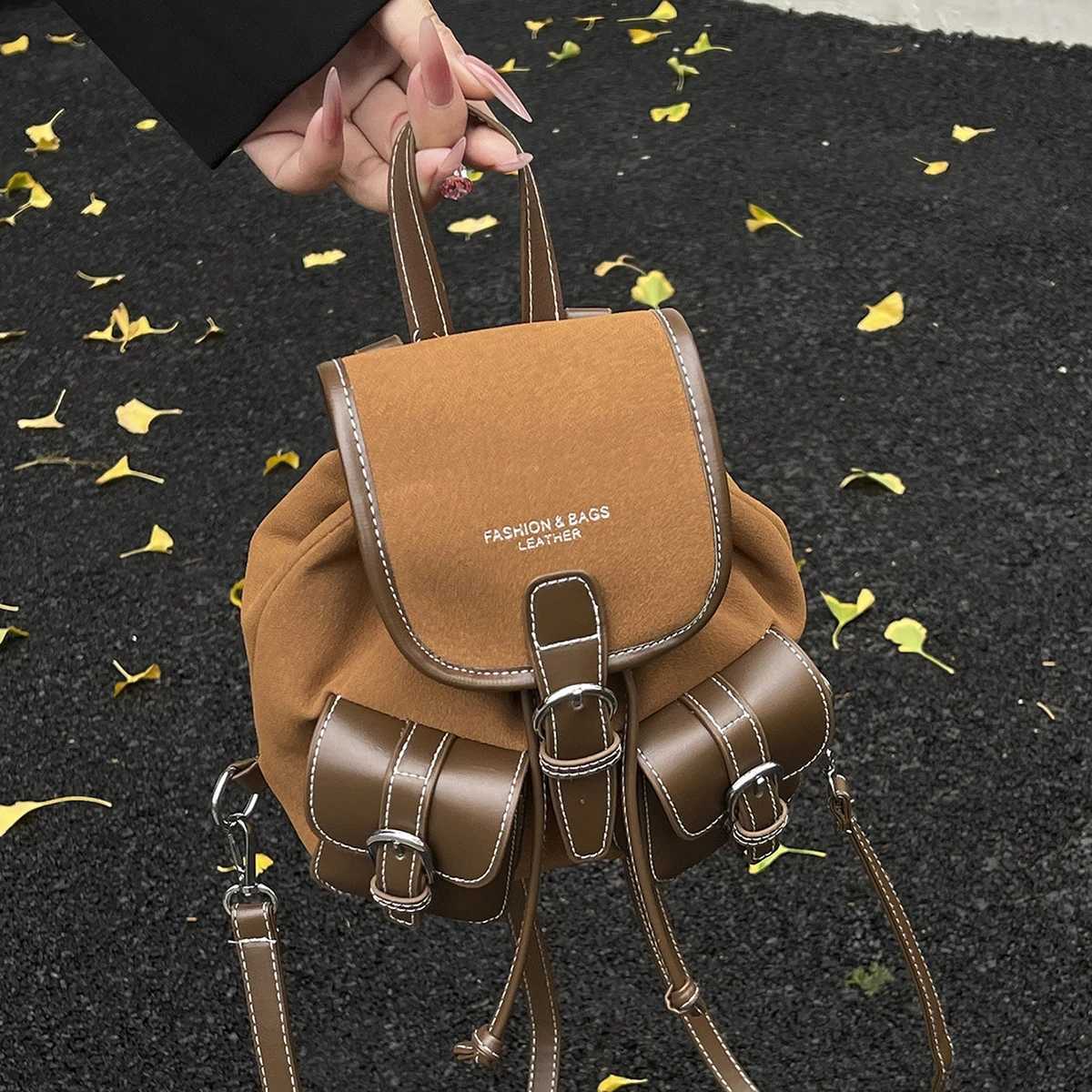 Autumn and Winter Suede Backpack for Work and Commuting Versatile Womens Travel Backpack College Student School Bag Shopping Fashion Mobile Phone BagM