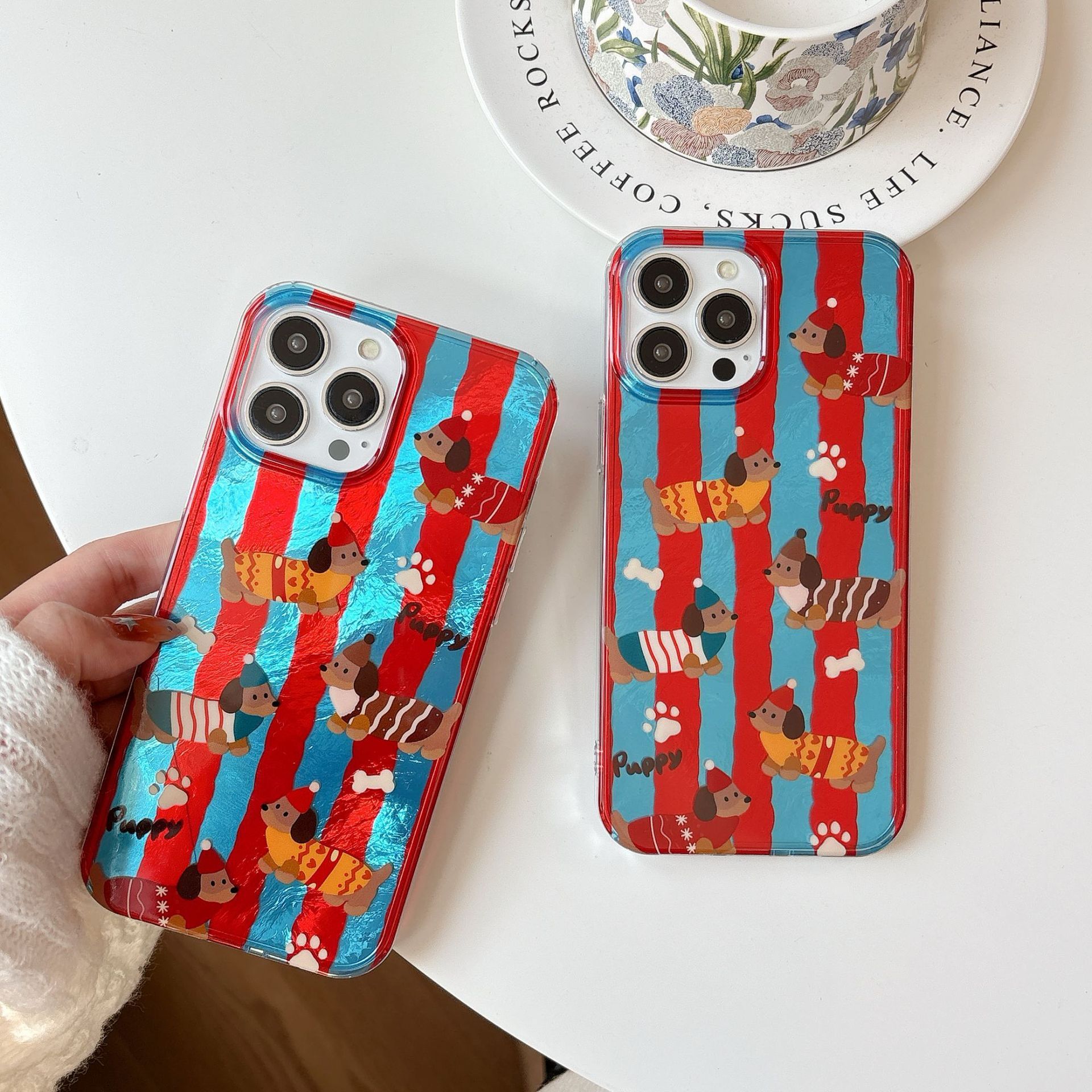 Ins Style Blue and Red Striped Dachshund Dog Case for Pro Max, Compatible with iPhone 13, Apple 15/14, Crossbody 16
