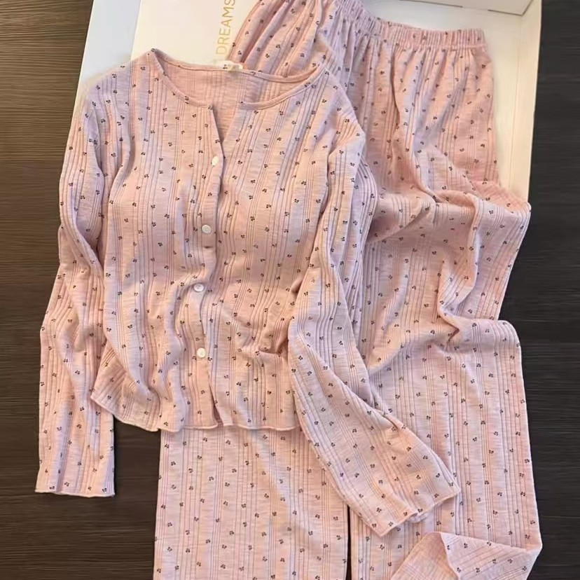 Sweet Girl Small Floral Cotton Gauze Pink Pajamas for Women Autumn New Casual Home Wear with Chest Pads Two-Piece Set Trendy 231113