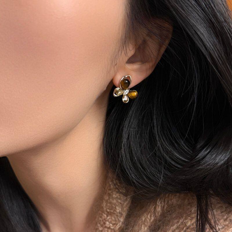 Silver Needle Zircon Tiger Eye Stone Butterfly Melad Vintage Exquisite Petite Versatile Earrings Light Luxury Niche Ear Jewelry - view 3