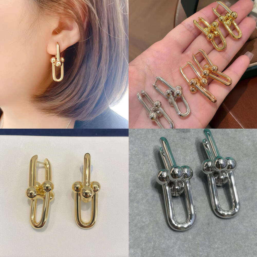 Classic smooth double-ring earrings gold-plated silver metal chain ring pendant earrings women's fashion jewelry