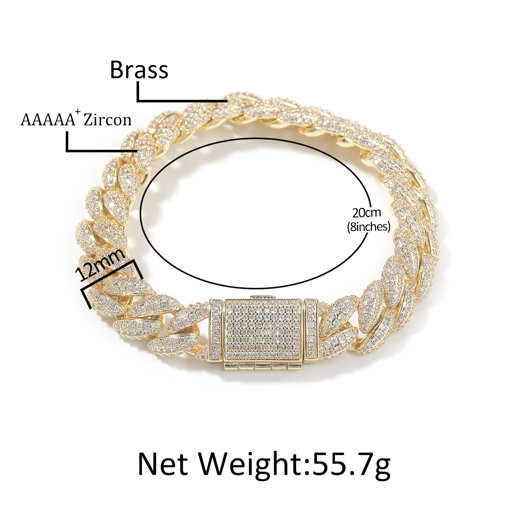 12mm Hip Hop Miami Cuban Chain Bracelets 5A Zircon 18k Real Gold plated Jewelry