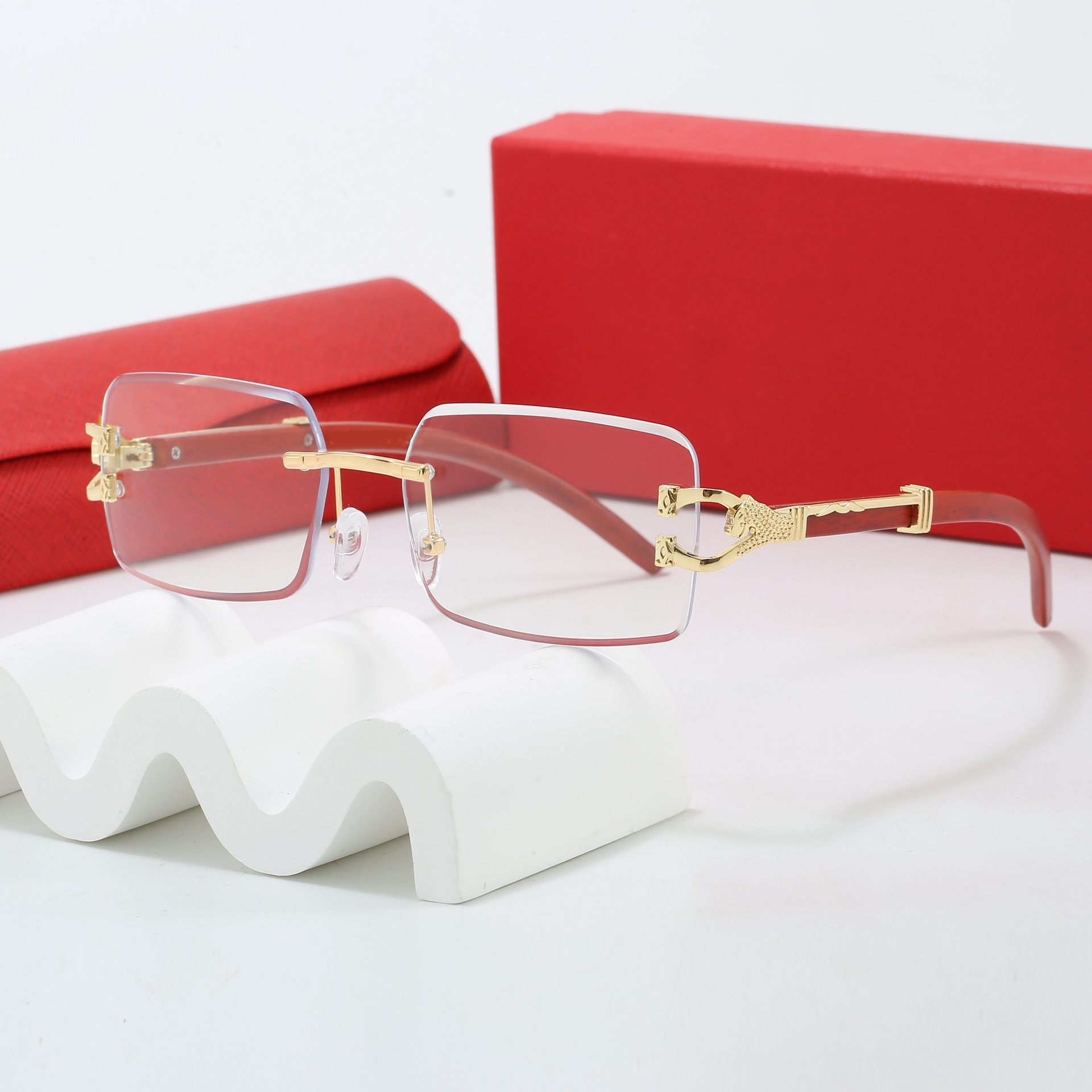 5A Wood Eyeglasses for Men Gold Frame Leopard Detail - Green Wooden Carving Sunglasses with Screwdriver and Storage Box Z260306