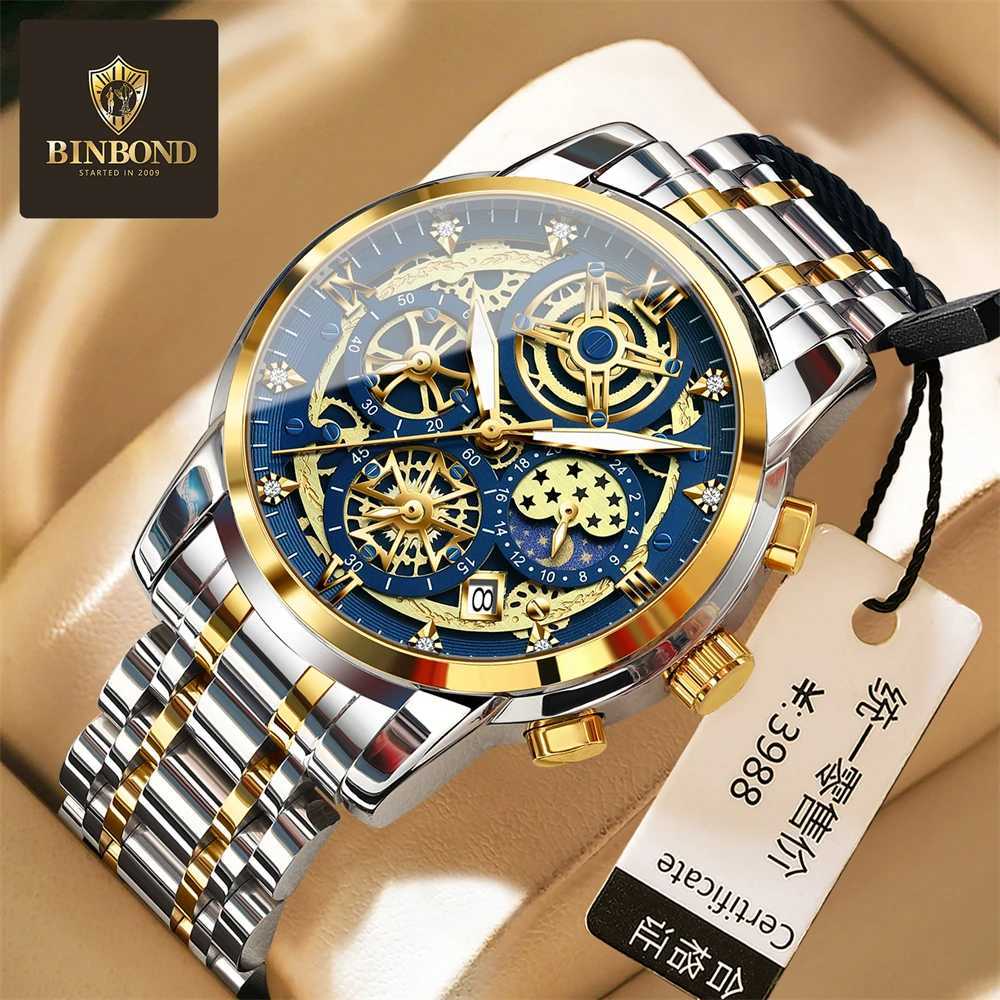 BINBOND Round es For Men Week Date Stainl Steel Man Luminous Waterproof Luxury Mens Quartz Wrist M251222