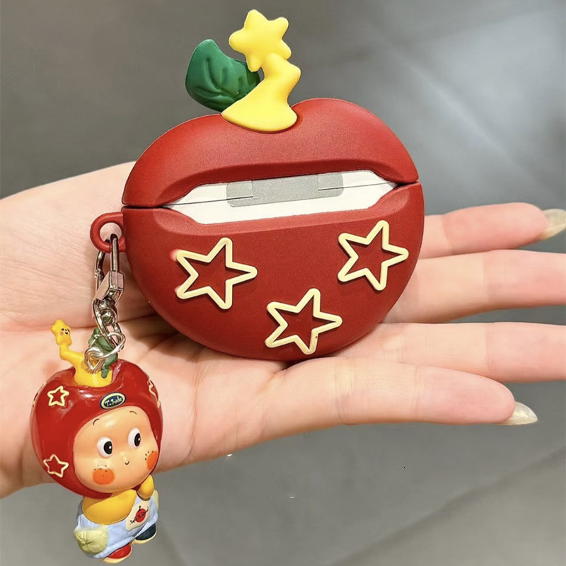 3D Red Apple Cartoon Cute Compatible with AirPods 4th Generation Earphone Protective Case Silicone Pro 2/3 Soft Shell New Model