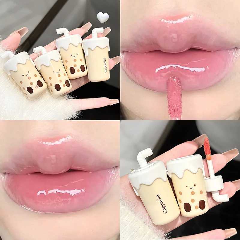 Milk Tea Cup Lip Gloss Mirror Water Lip Glaze Jelly Moisturizing Cute Mirror Lipstick Waterproof Non-stick Cup Lip Korean MakeupT251222