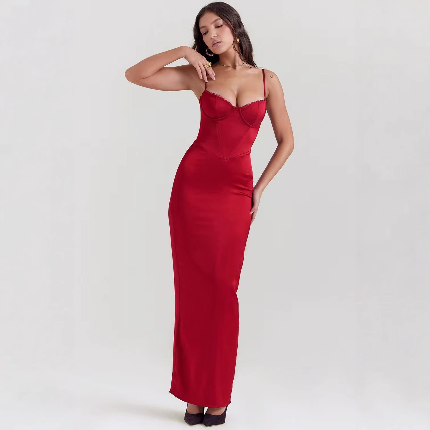 Wefads Women Midi Dress Elegant Simple Solid Sleeveless V Neck Suspender Nipped Waist Slim Backless Slit Evening Red Dresses 250228