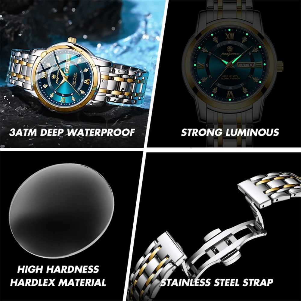 PAAZU Luxury Round Man Quartz Waterproof Luminous Date Mens High Quality Stainl Steel Busin Men es M251222