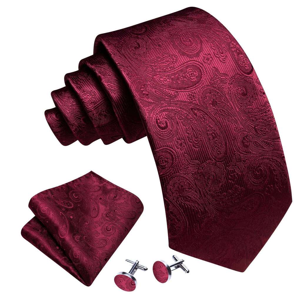 Barry.Wang Burgundy Silk Mens Tie Hanky Cufflinks Brooch Set Jacquard Red Wine Maroon Necktie Collar Pin For Male Wedding Events 25H1222