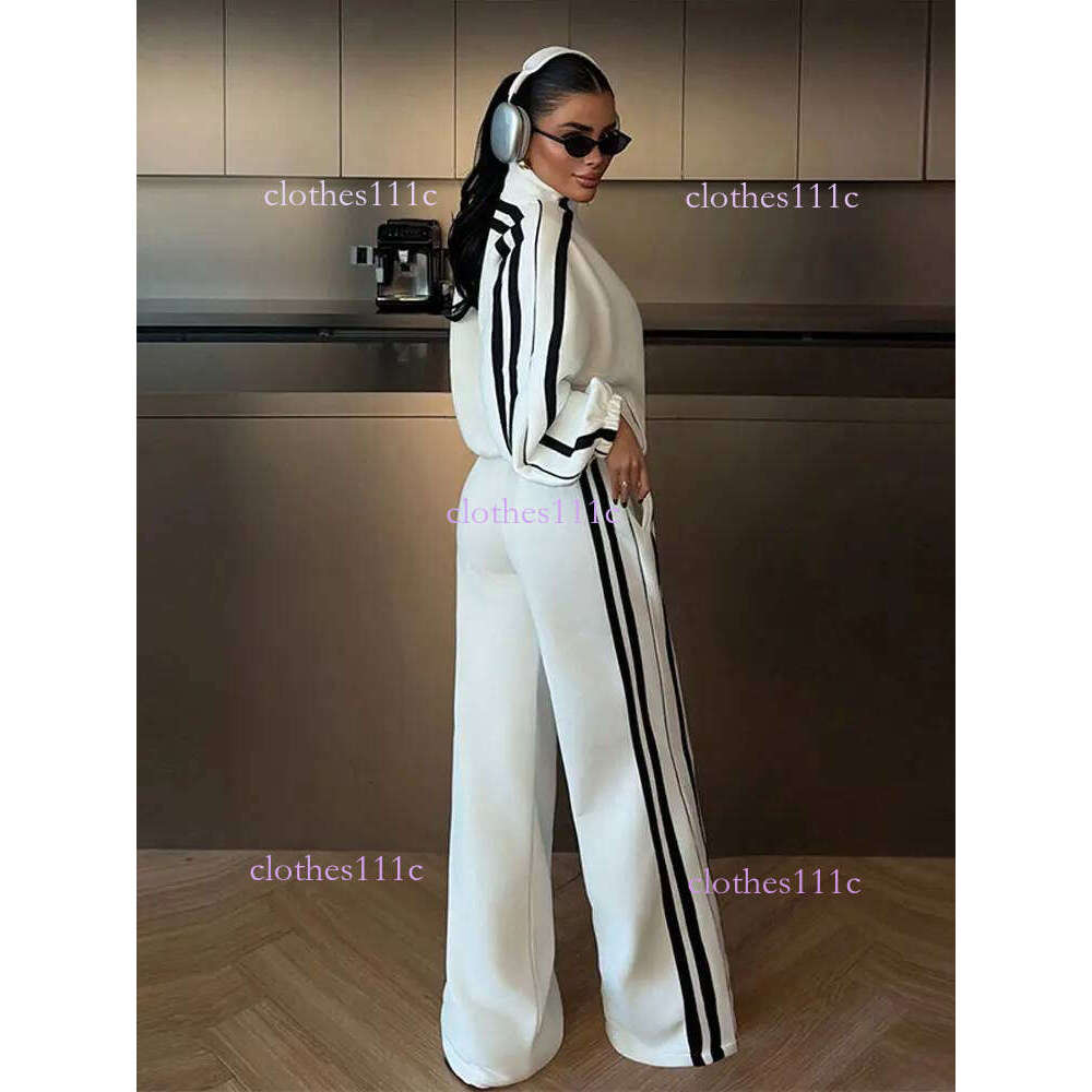 Stripe Contrasted Sweatshirt Pant Set Women Casual Stand Collar Full Sleeve Zippers Sport Coat Wide Leg Trousers 2 Piece Sets