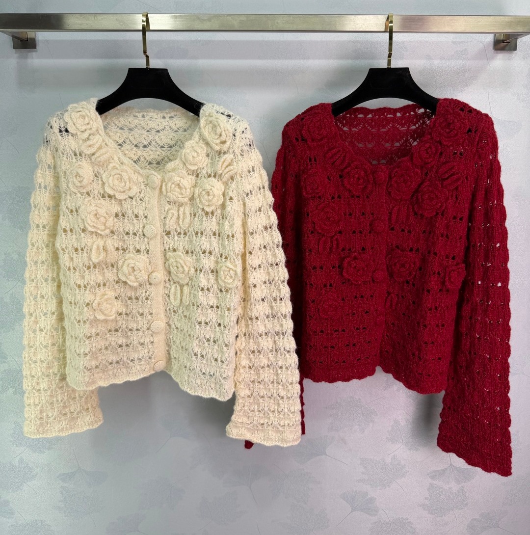 French cardigan sweater jacket retro red 3D flower long sleeved knitted cardigan women's slimming sweater top