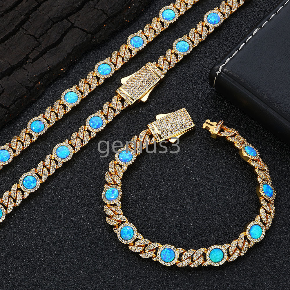 New Style 8mm 18K Gold Plated Cuban Chain Bracelet Round Blue Opal Customized Size Cuban Chain Hip Hop Jewelry for Women