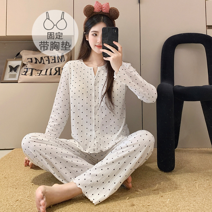 Sweet Girl Small Floral Cotton Gauze Pink Pajamas for Women Autumn New Casual Home Wear with Chest Pads Two-Piece Set Trendy 231113