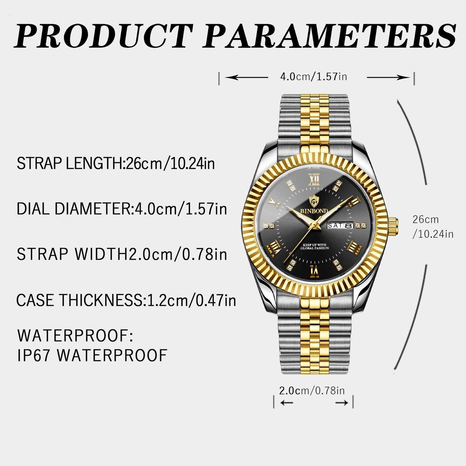 BINBOND Luxury Brand Man Waterproof Luminous Date Week Mens Quartz Wrist Stainl Steel Fashion Sports Men es M251222