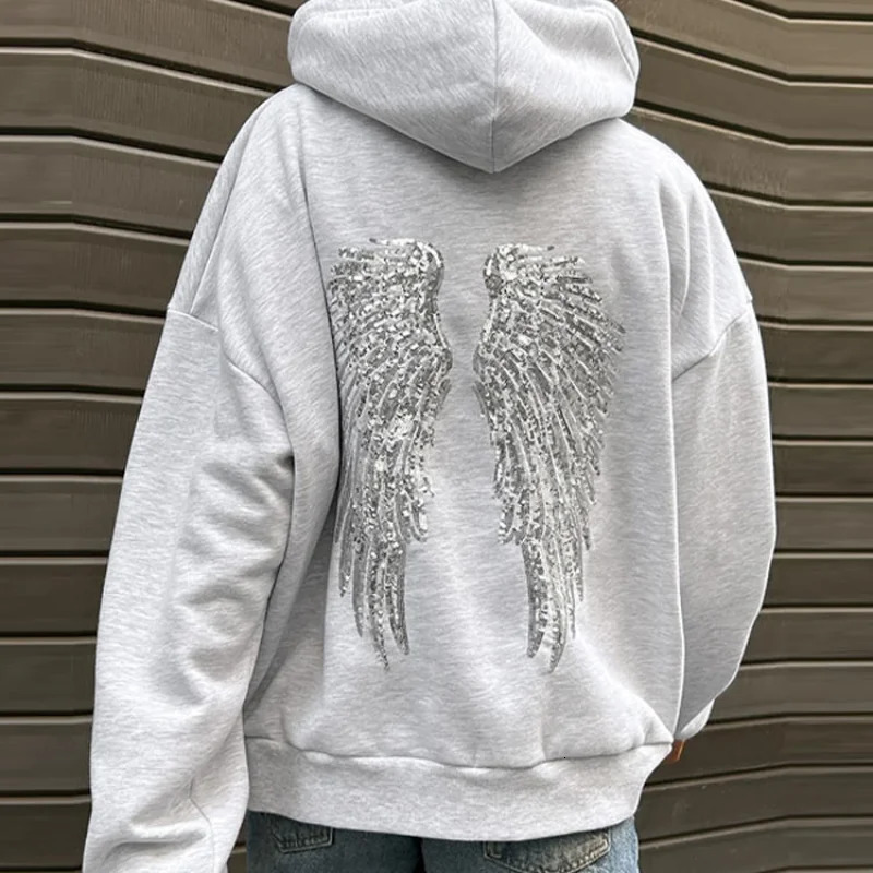 Women Fashion Sequin Angel Wings Printed Hoodies Casual Long Sleeved Hooded Solid Color Tops 2025 High Street Y2k Outwear 251216