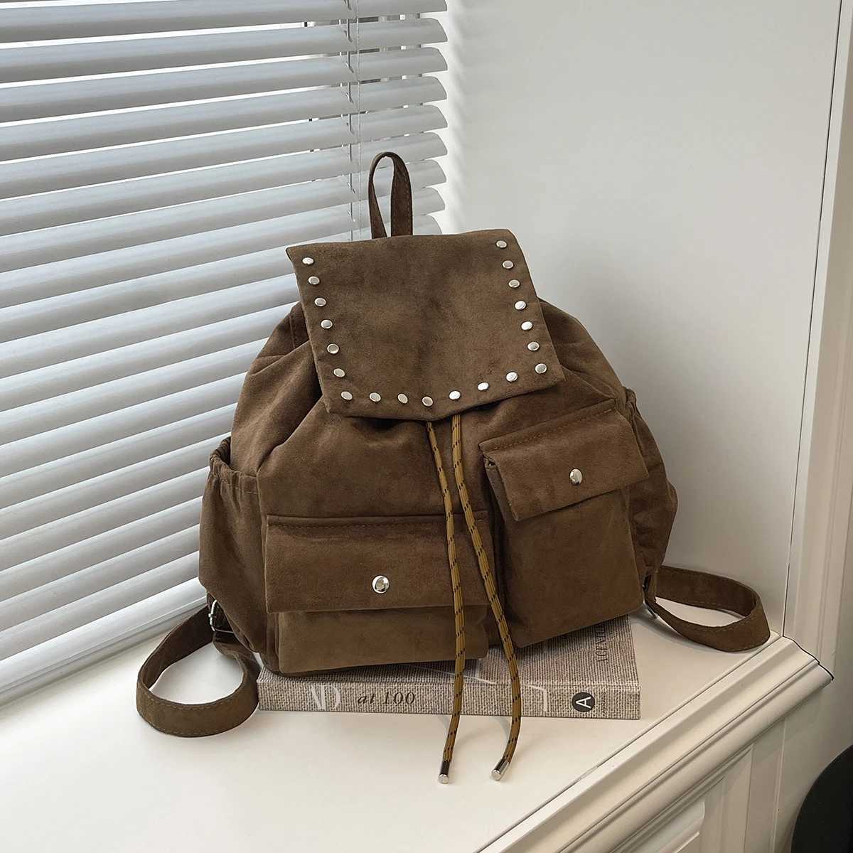 iche Suede Korean-Style Drawstring Backpack Lightweight Double-Pocket Simple Suede Womens Backpack Hiking Bag for Trekking Shopping Outings and WorkM2