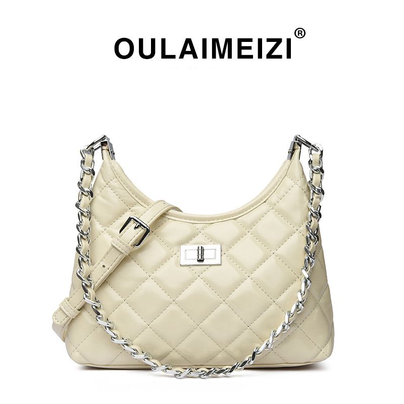 OULAIMEIZI designer bag 2025 new classic versatile casual tote bag with diamond grid chain, fashionable and trendy cross body bag for women black brown sliver white