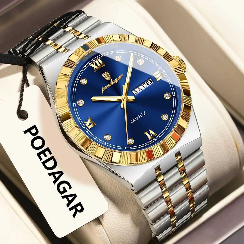 POEDAGAR Luxury Man Luminous Waterproof Week Date Men Wrist Stainl Steel Mens Quartz es M251222
