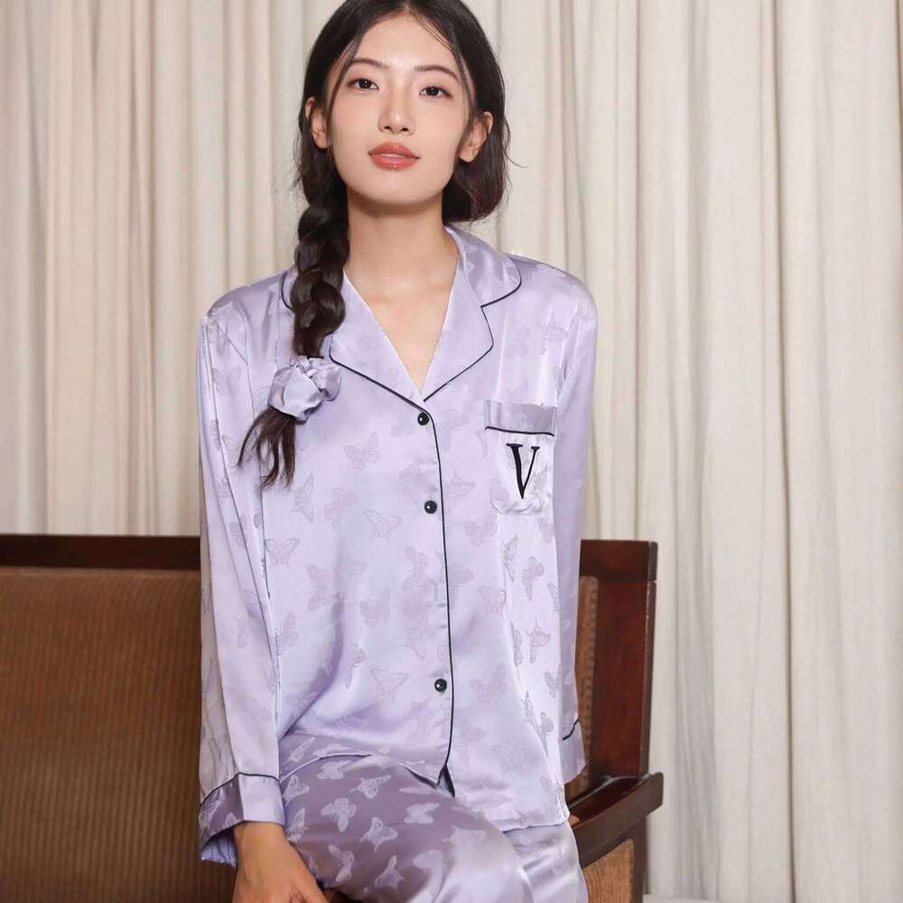 Jacquard Butterfly Women's Sleepwear 2Pcs Pajamas Set Spring New Silk Satin Trouser Suits Home Clothes Loose Casual Loungewear