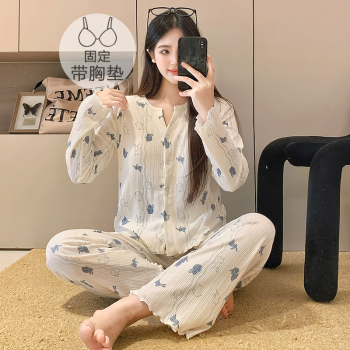 Sweet Girl Small Floral Cotton Gauze Pink Pajamas for Women Autumn New Casual Home Wear with Chest Pads Two-Piece Set Trendy 231113