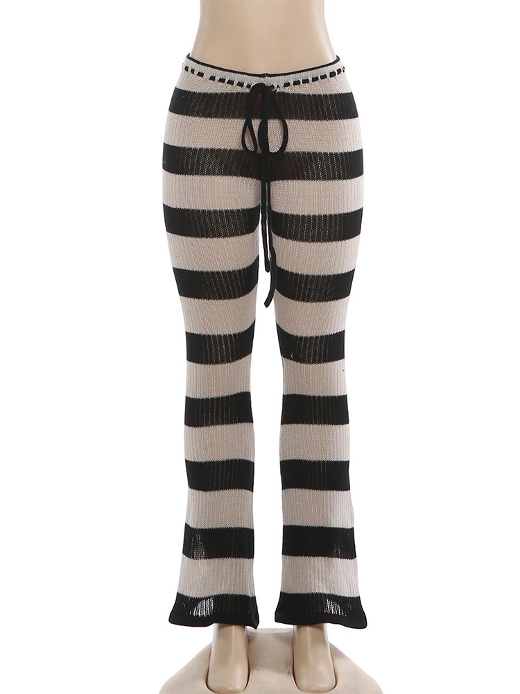 Kliou Stripe Patchwork Long Pants Woman Autumn Trend Crochet Shirring Elastic High Waist Skinny Peach Hip Street Style Bottoms 251222