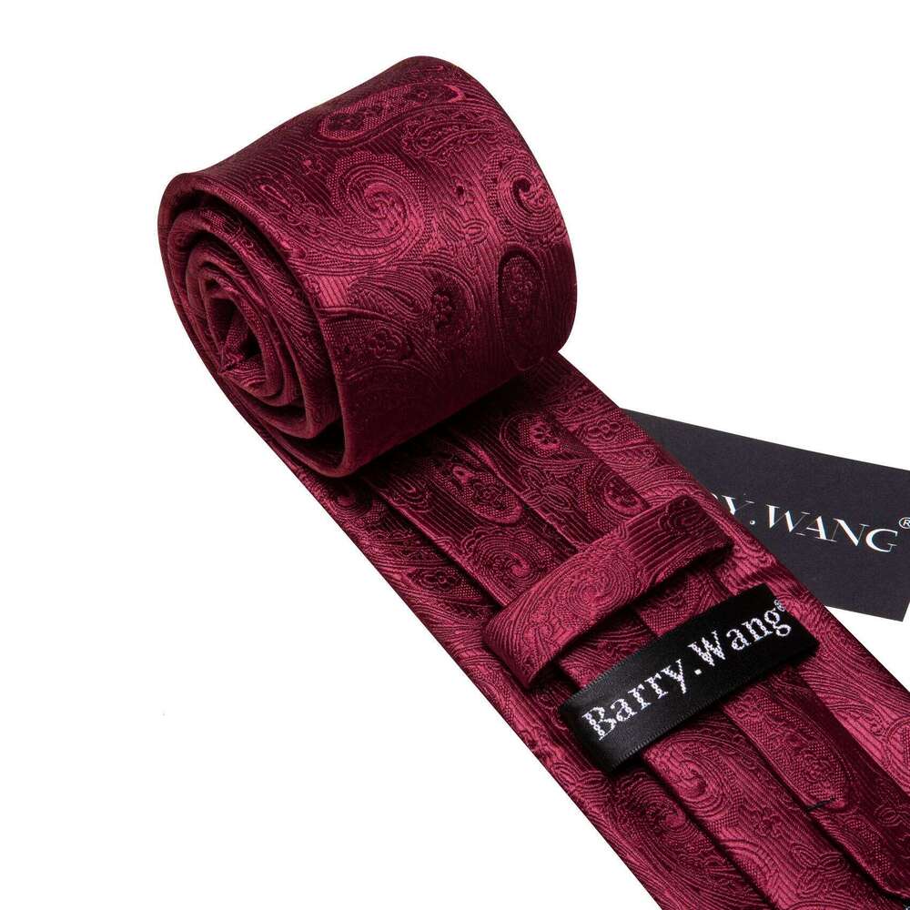 Barry.Wang Burgundy Silk Mens Tie Hanky Cufflinks Brooch Set Jacquard Red Wine Maroon Necktie Collar Pin For Male Wedding Events 25H1222