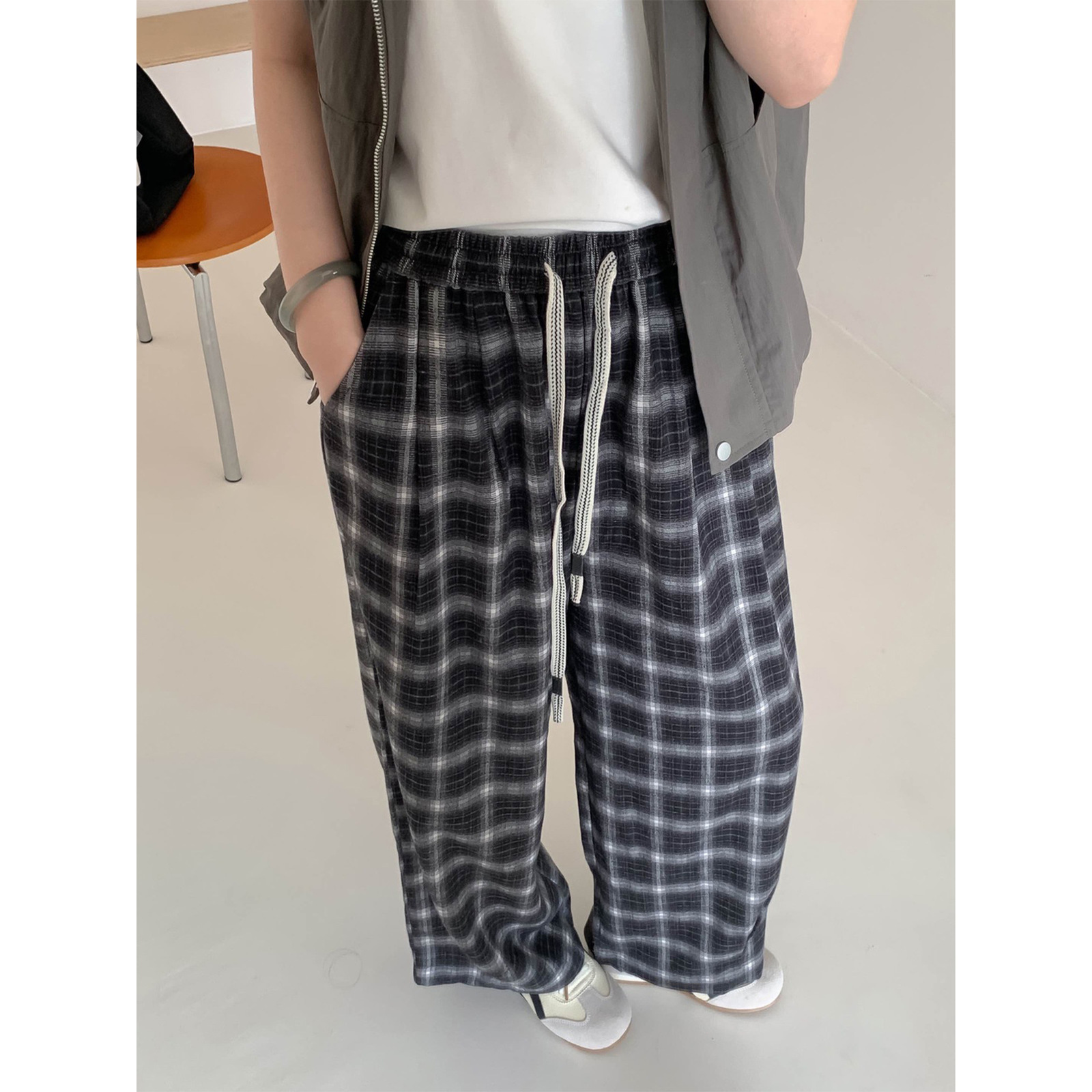 Lazy Style Brushed Plaid Casual Pants for Women Autumn WideLeg Pants Loose HighWaist FloorLength Pants ZMC1 241017