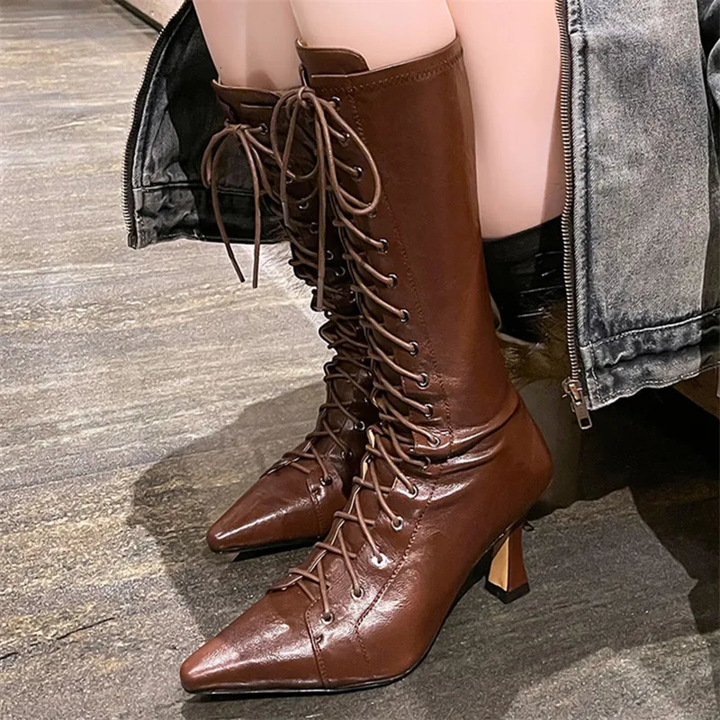 Fashionable And Sexy High-Heeled Pointed Lace Up Elastic Boots Slim Boots Leg Hugging Boots Back Zipper Lace Up Knee High Boots 251217