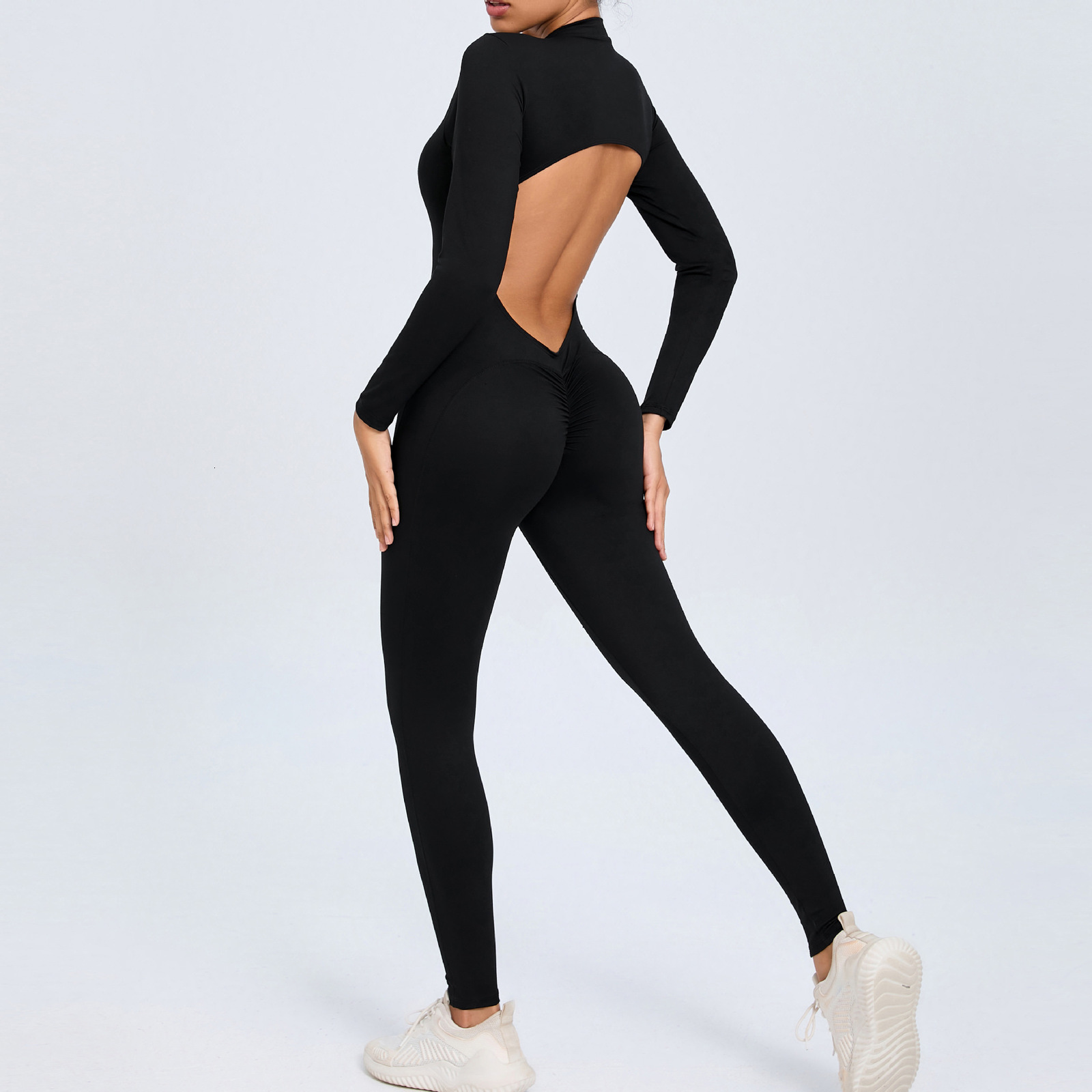 Sexy one-piece Flare yoga jumpsuit womens dance fitness long sleeved hollow backless workout gym Scrunch jumpsuit 241016