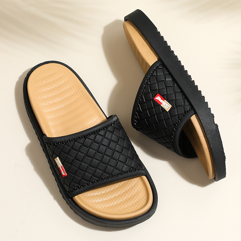 Free Shipping 2026 New Design Woven Men Slippers Home Outdoor Lightweight Slip Resistant Durable Beach Cool Sandals Khaki Grey Blue