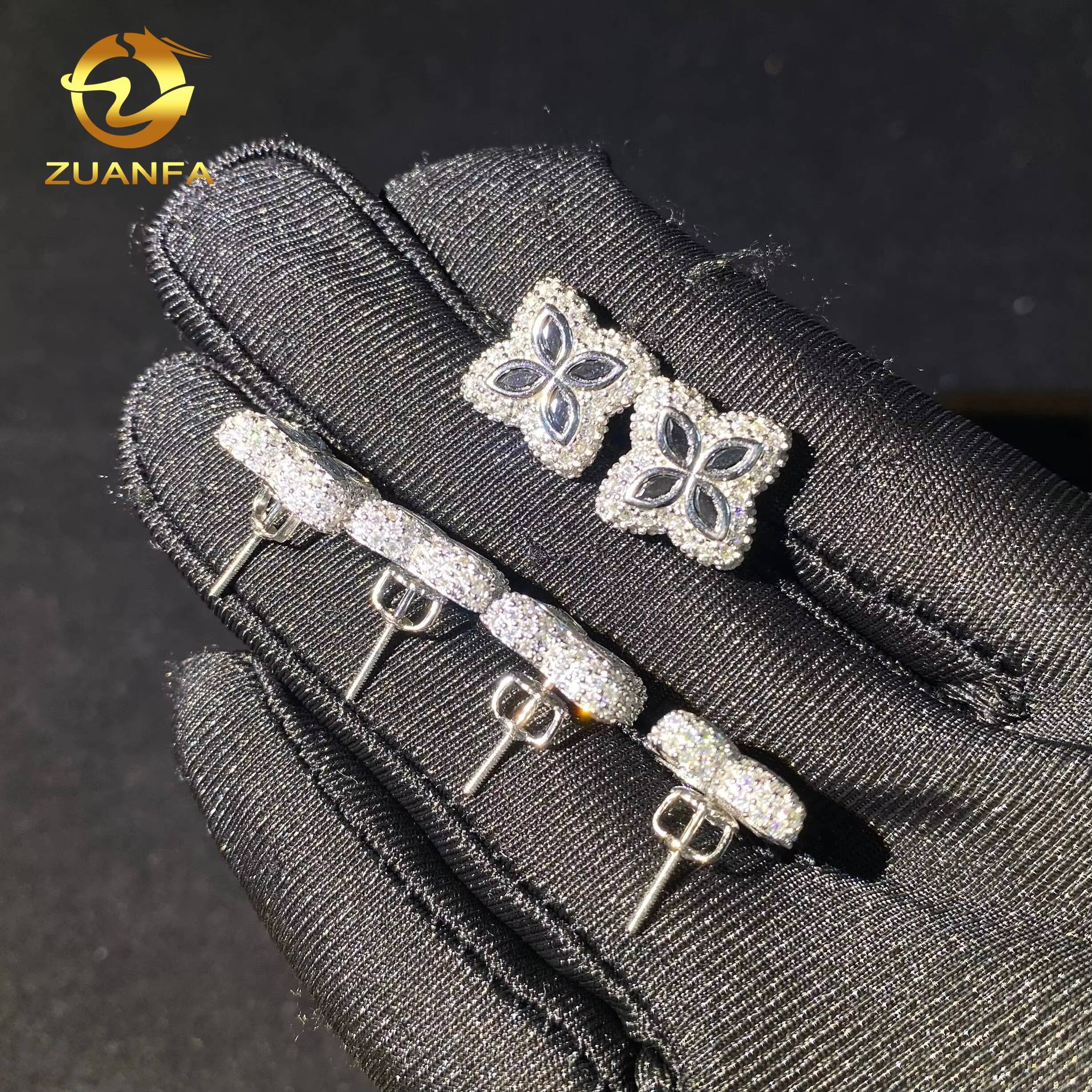 Ready to Ship Luxury 15mm 925 Silver Trendy Screw Back Ear Studs Iced Out Hip Hop Jewelry VVS Moissanite Clover Stud Earrings