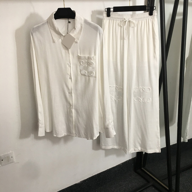 Luxury Womens Linen Shirt Trousers Set Designer Embroidered Long Sleeved Blouse High Waist Casual Pants Outfits Summer Daily Casual Breathable Shirts
