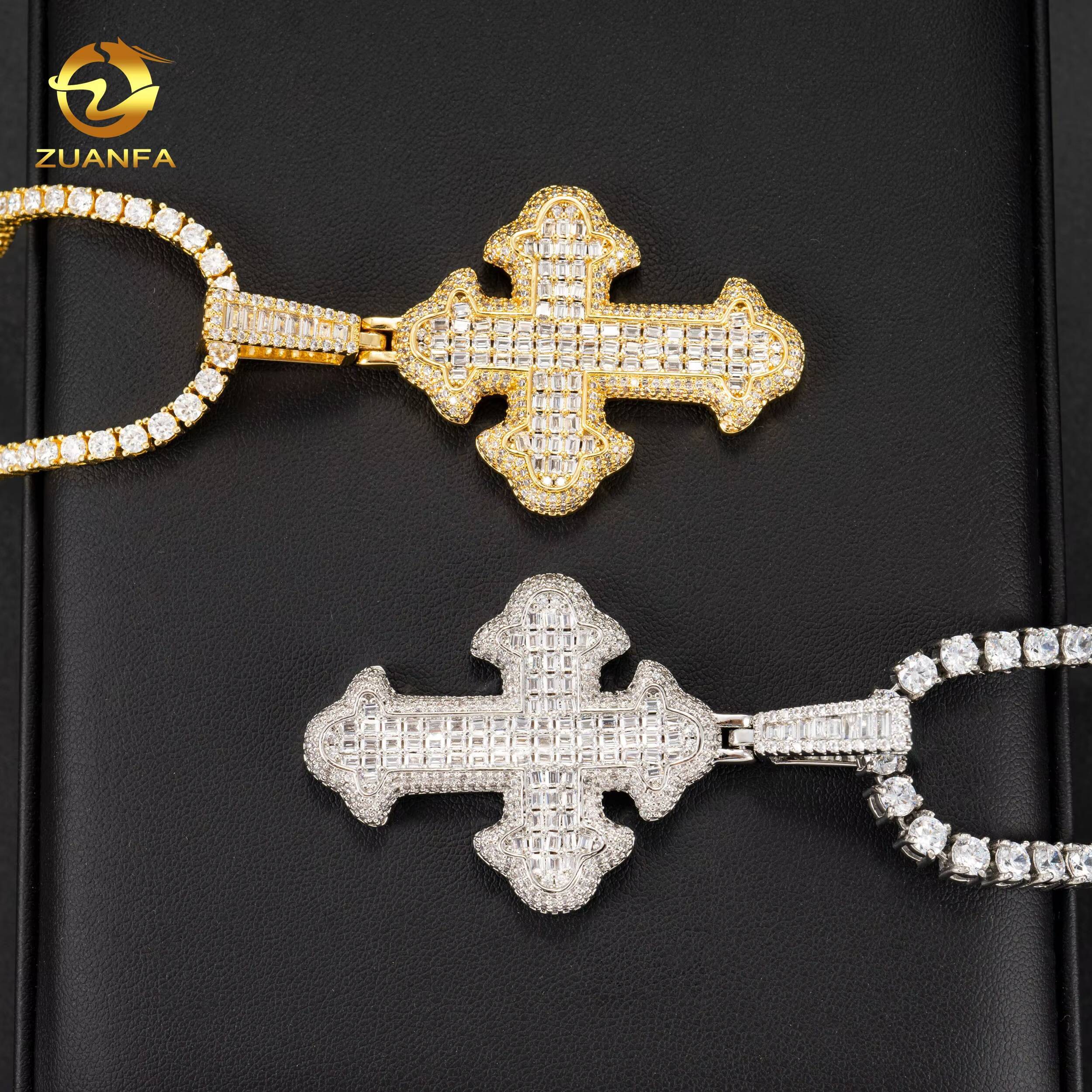 New Arrivals 925 Sterling Silver High Quality Iced Out baguette Hip Hop Lab Diamond Cross Moissanite Pendant