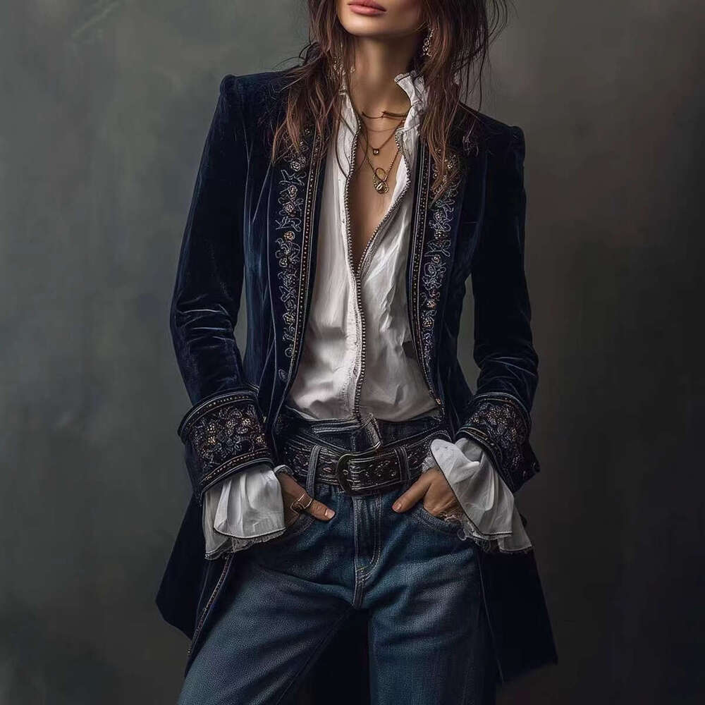 2025 Cross-Border European and American Women's Fashion Long Sleeve Solid Color Patchwork Lace Velvet Jacket