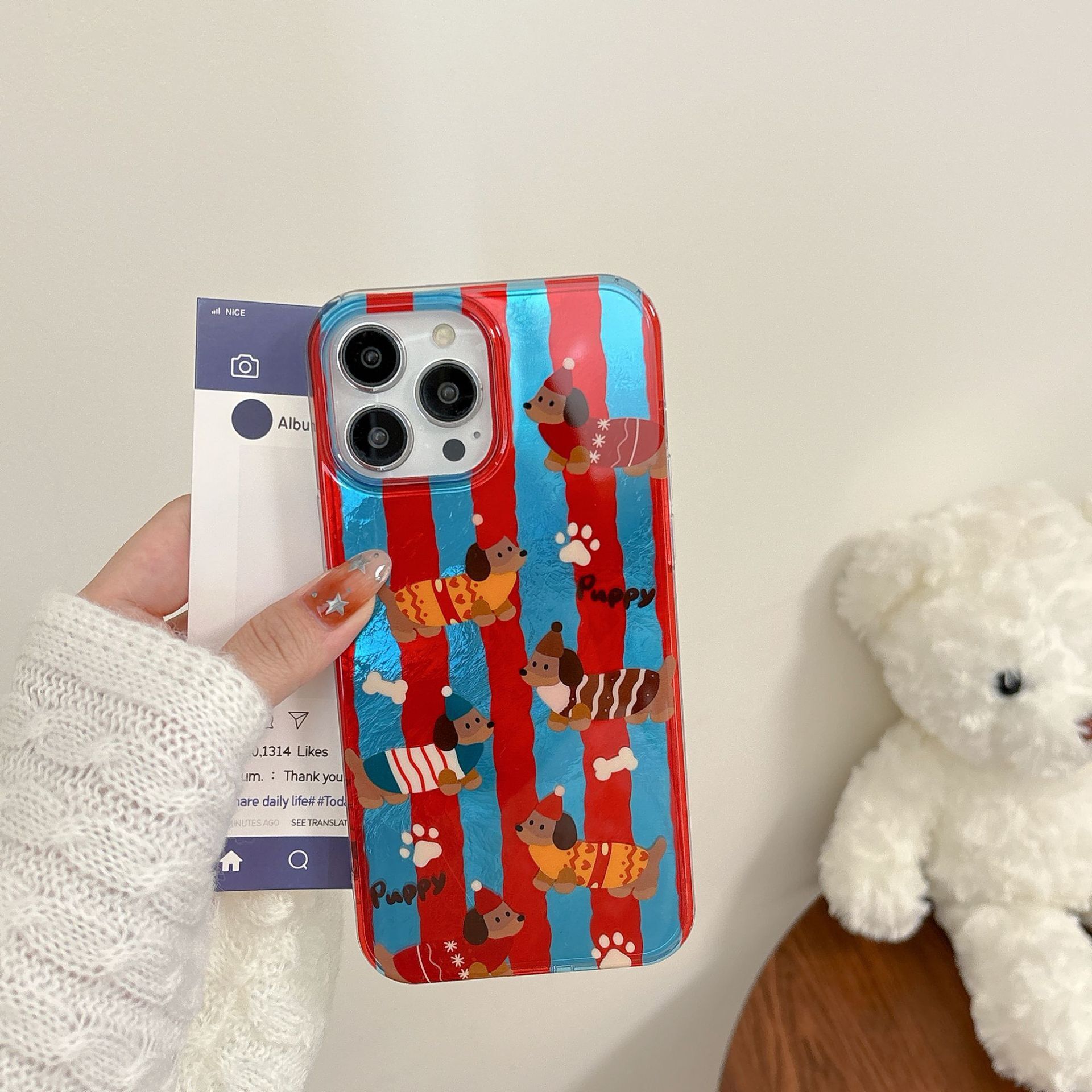Ins Style Blue and Red Striped Dachshund Dog Case for Pro Max, Compatible with iPhone 13, Apple 15/14, Crossbody 16